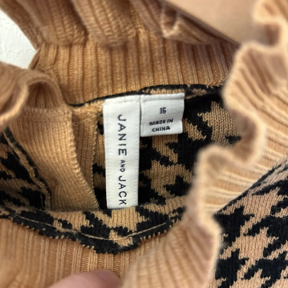 Janie and Jack Houndstooth Crop Sweater Girls 16 | Brown Black | Ruffle Collar